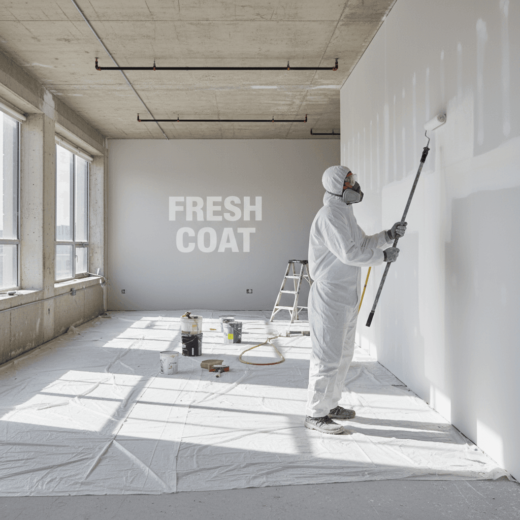 Professional painter in full protective suit working in empty office space
