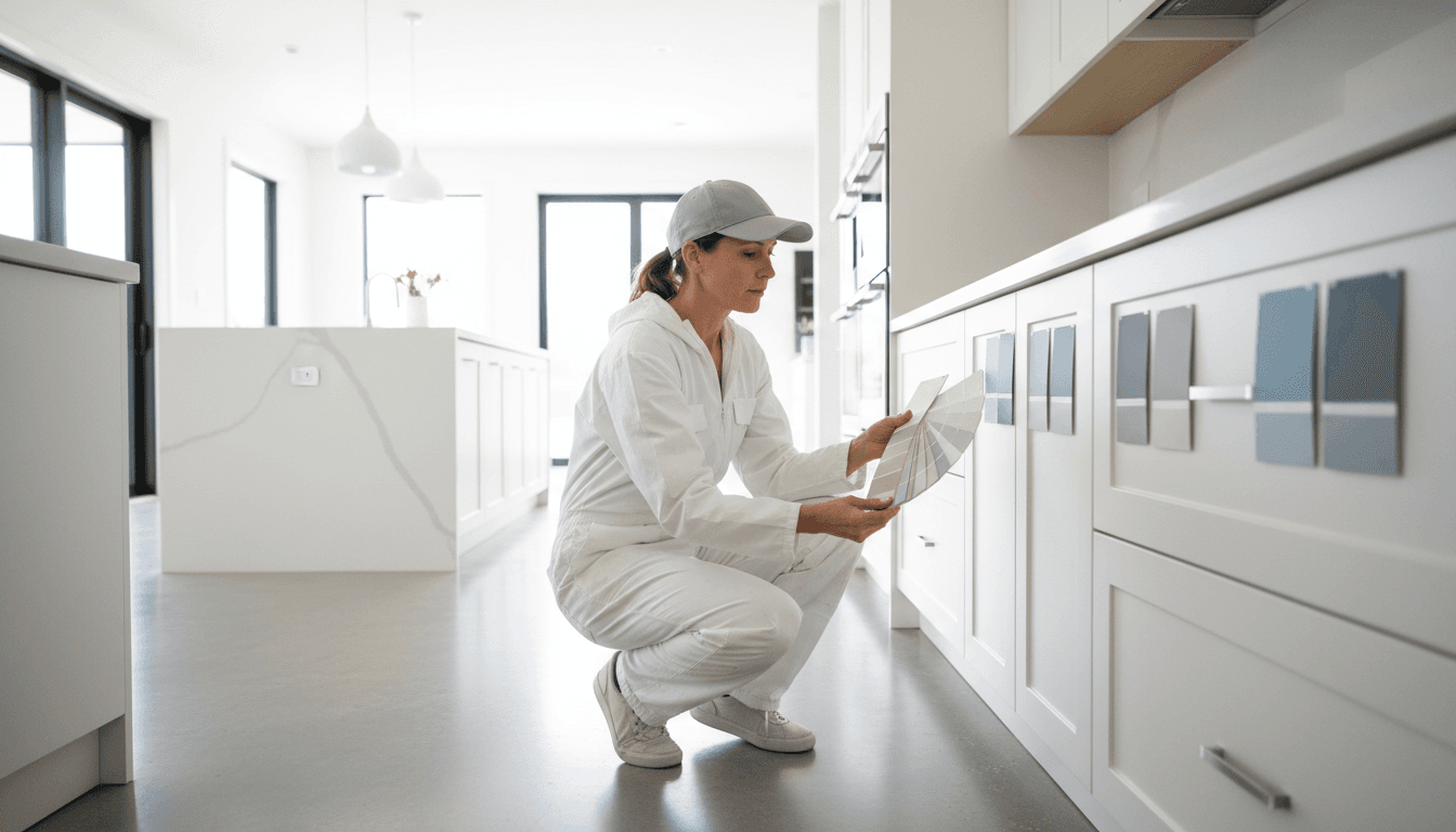 Painter inspecting kitchen cabinets during an onsite estimate