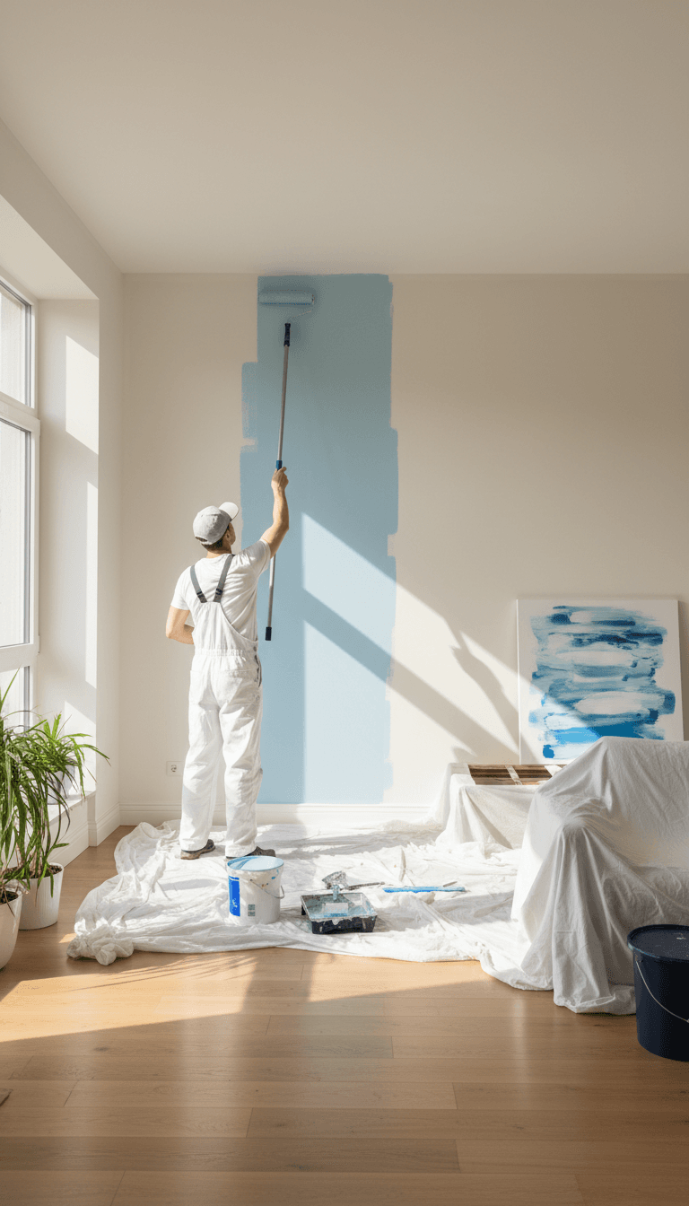 Painter applying paint to a living room wall with a roller