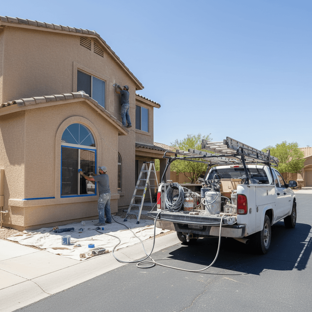 Painters prepping a two-story home exterior in Gilbert