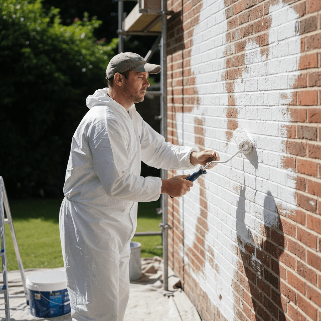 Applying primer to an exterior brick wall with a paint roller