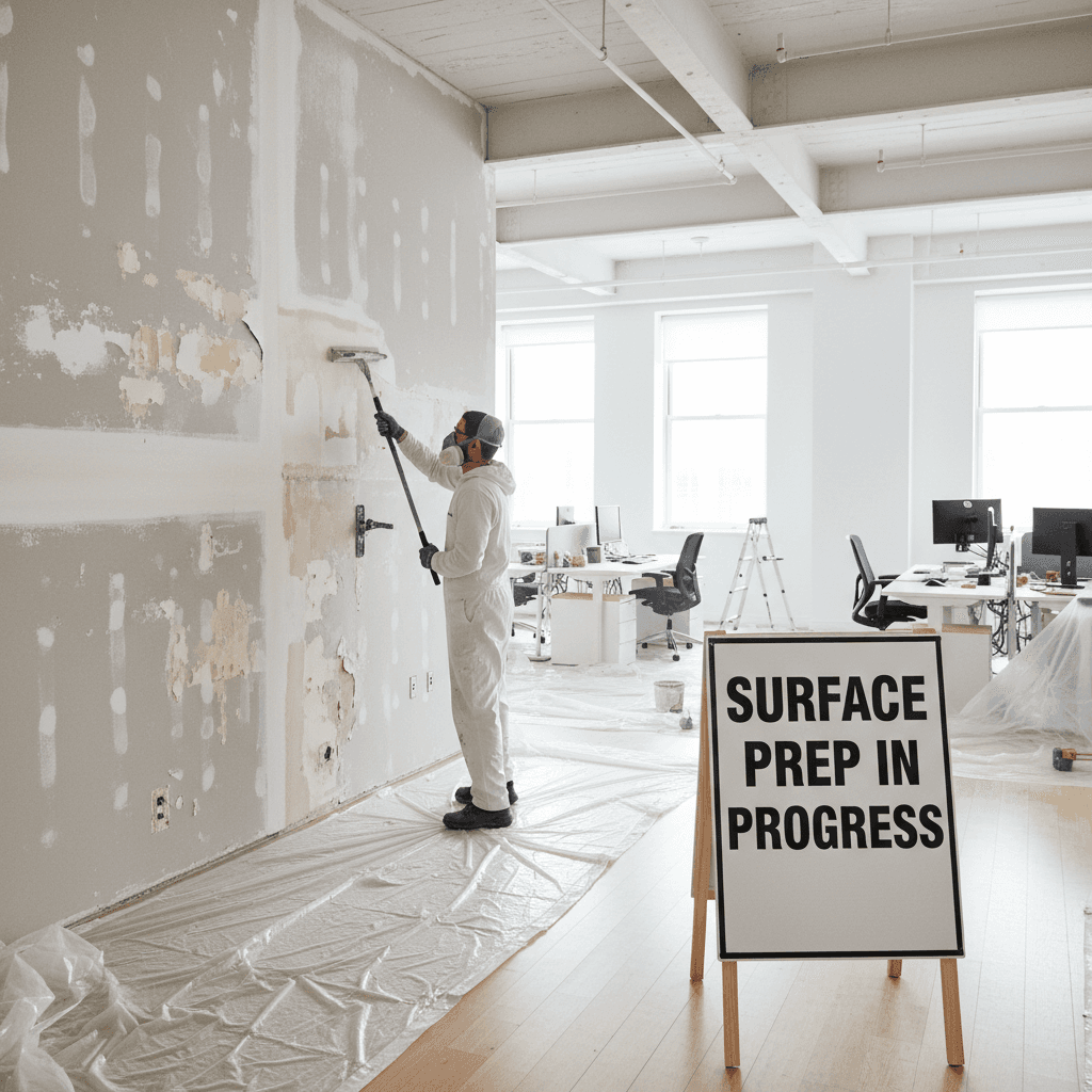 Painter sanding a wall during surface preparation in a bright commercial office