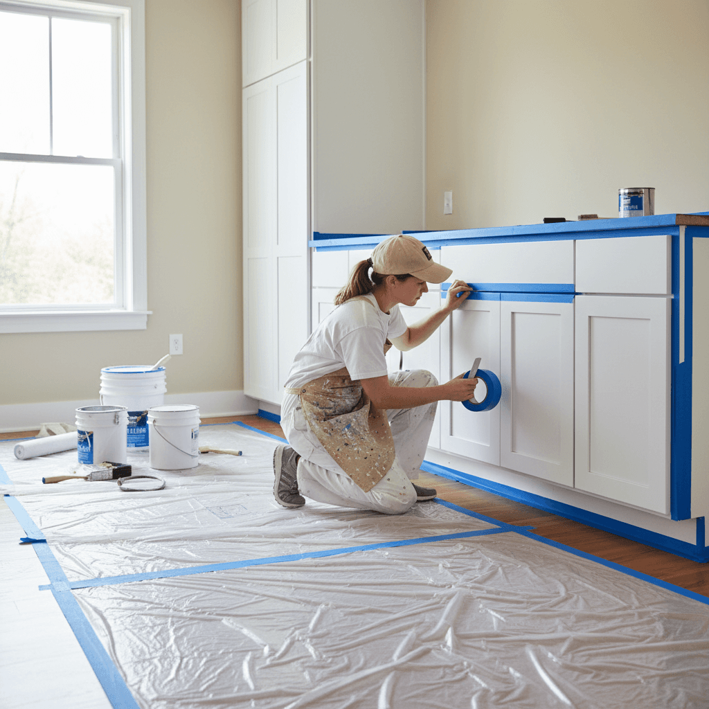 Painter in a kitchen applying blue masking tape to protect walls and counters