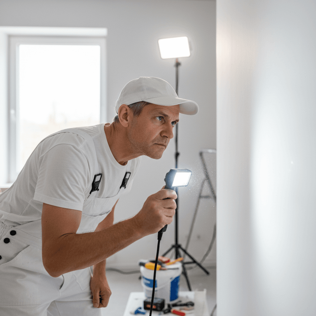 Painter inspecting fresh paint under a light for imperfections