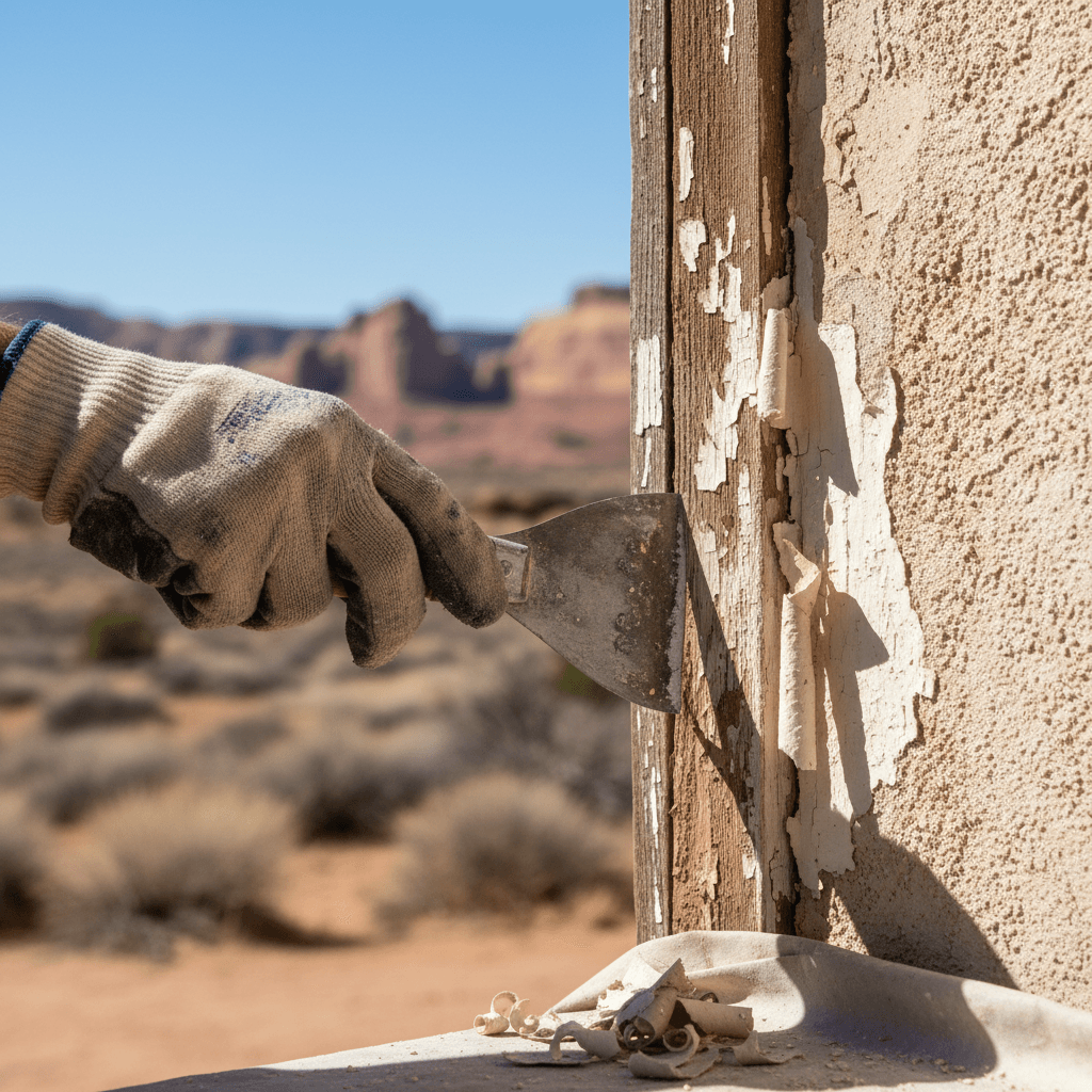 Painter scraping loose paint from exterior trim