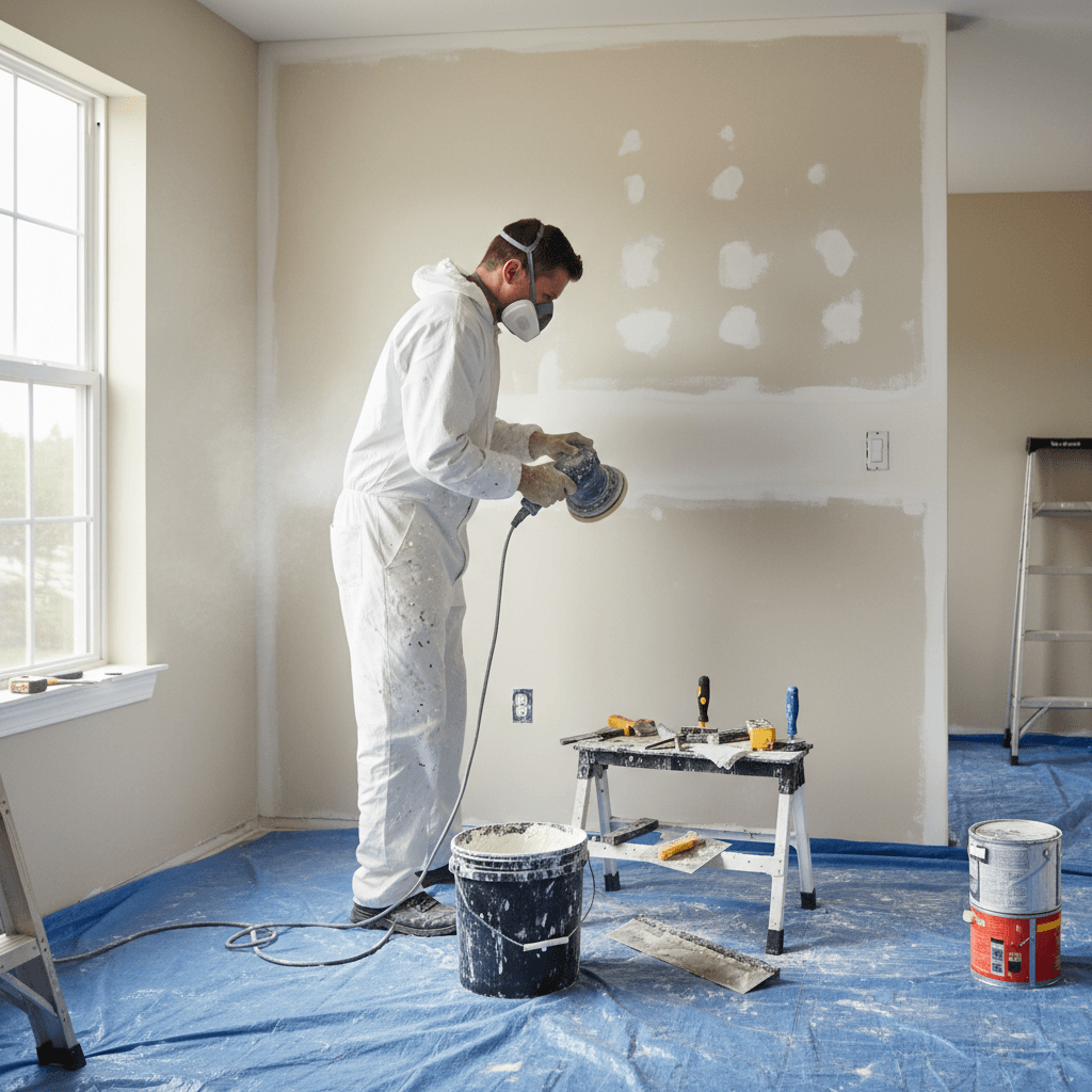 Painter prepping interior walls with sanding and patching