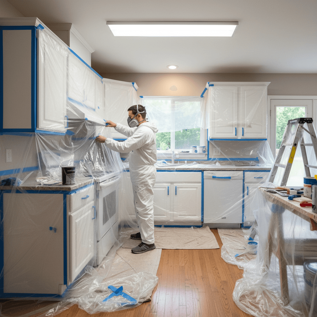 Painter taping plastic sheeting over kitchen cabinets before spraying