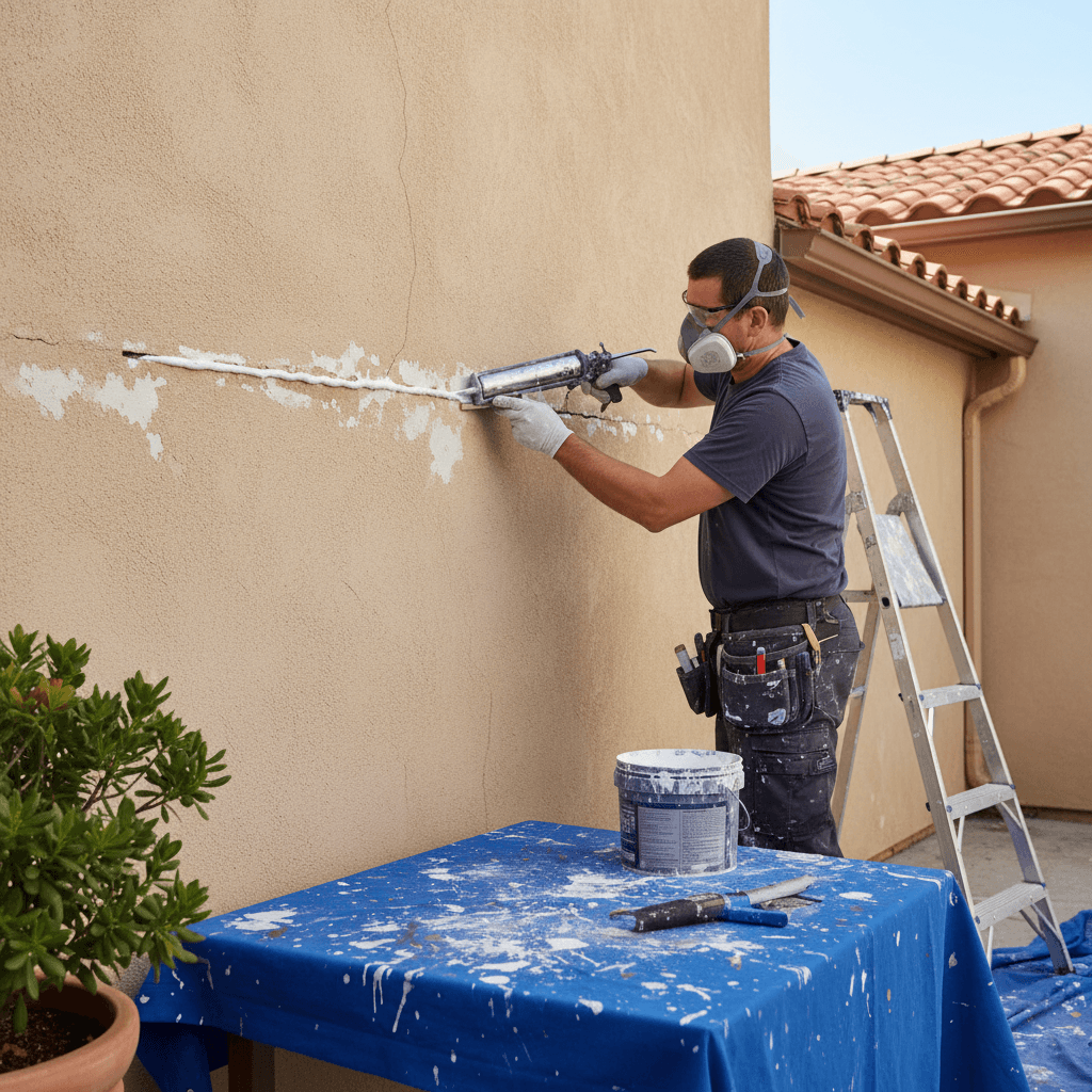Painter applying caulk to seal a gap on an exterior wall
