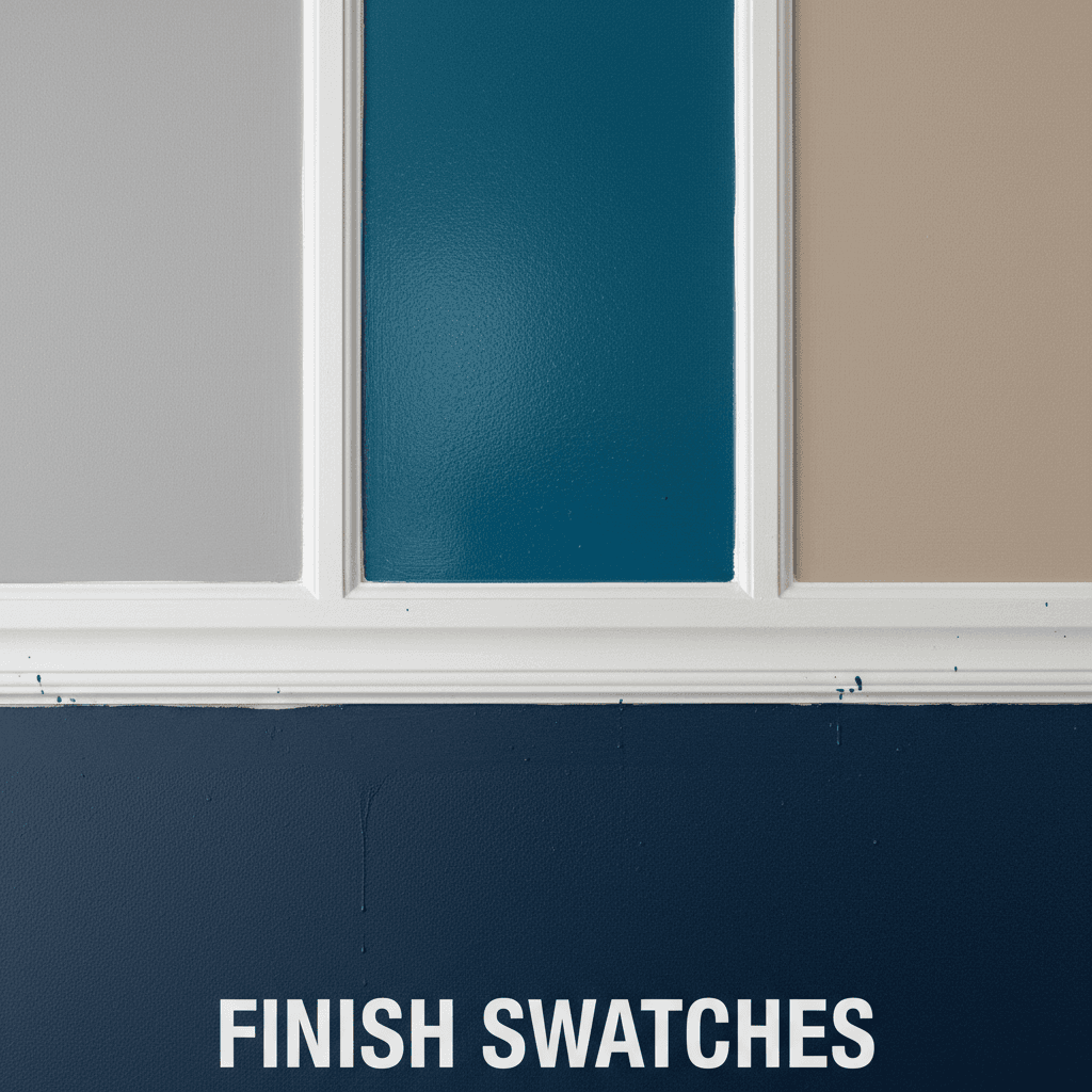 Close-up of painted interior wall and trim showing different sheens