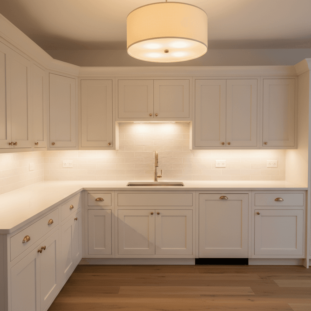 Freshly finished kitchen cabinets in a warm white