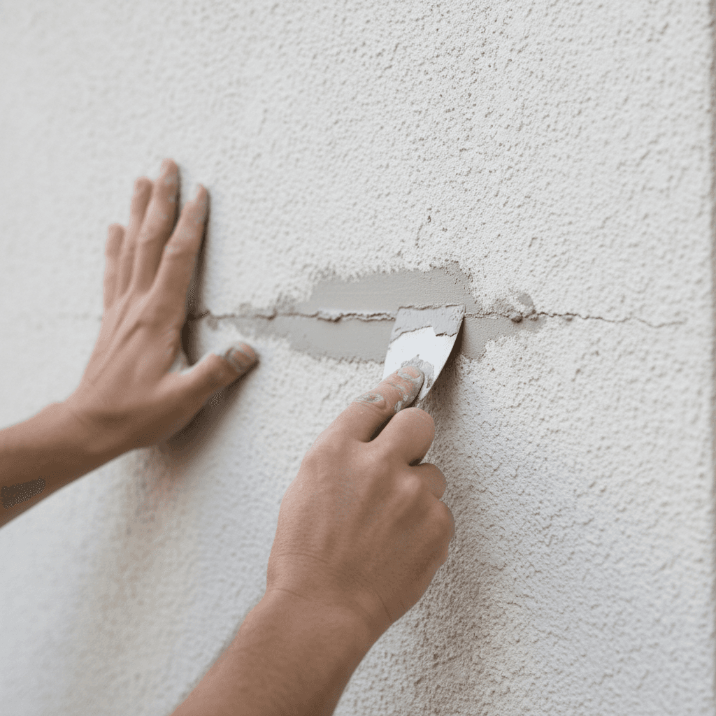Painter patching a hairline crack in exterior stucco