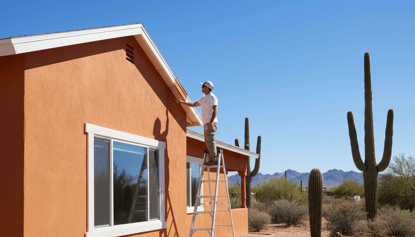 Professional painter applying a fresh coat of exterior paint to a Southwestern home under the bright Arizona sun