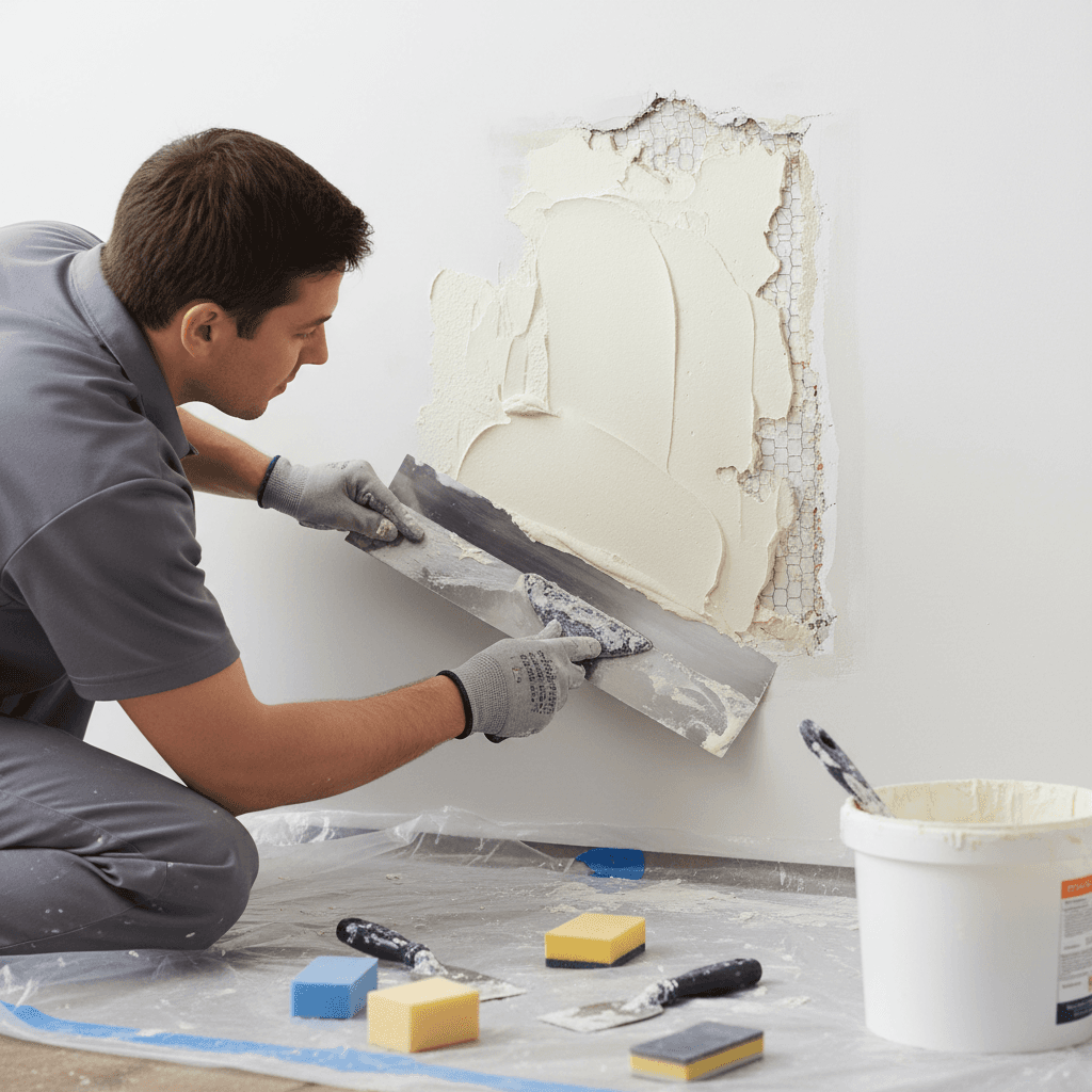 Professional repairing a drywall hole with joint compound before painting