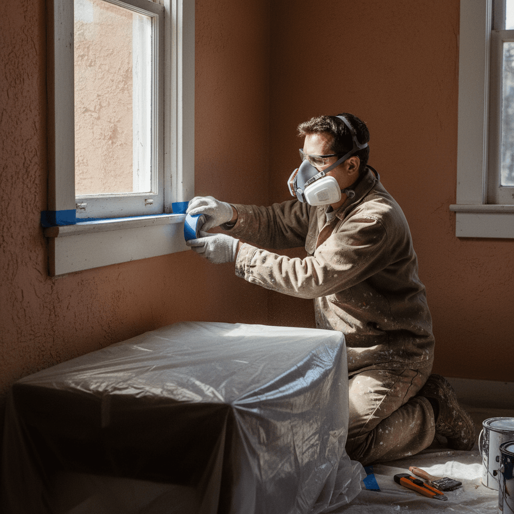 Painter applying tape to protect window frame from paint during exterior painting