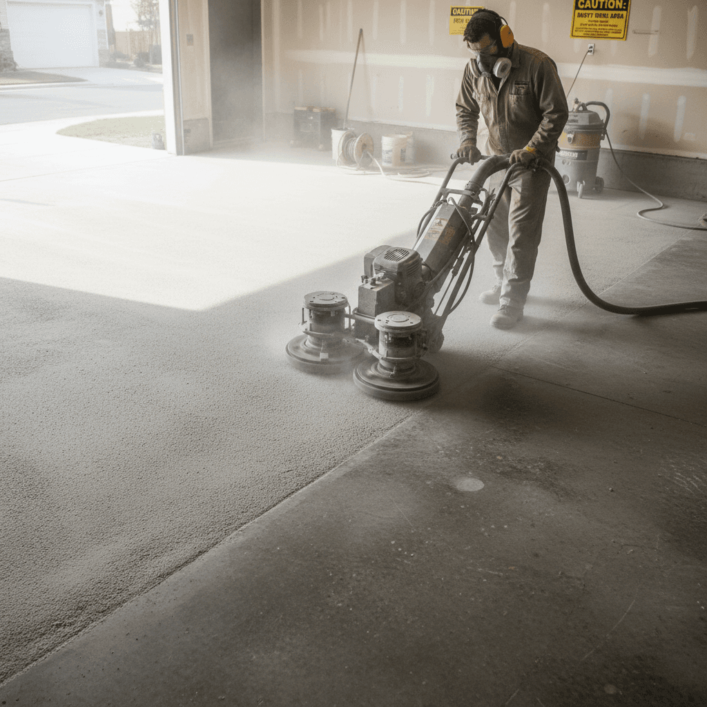 Heavy duty concrete grinder preparing garage floor surface for epoxy coating