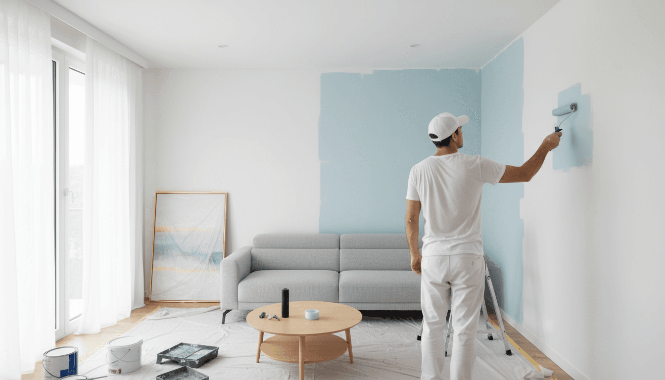 Professional painter in white t-shirt and cap painting a living room wall with roller, clean and bright interior setting