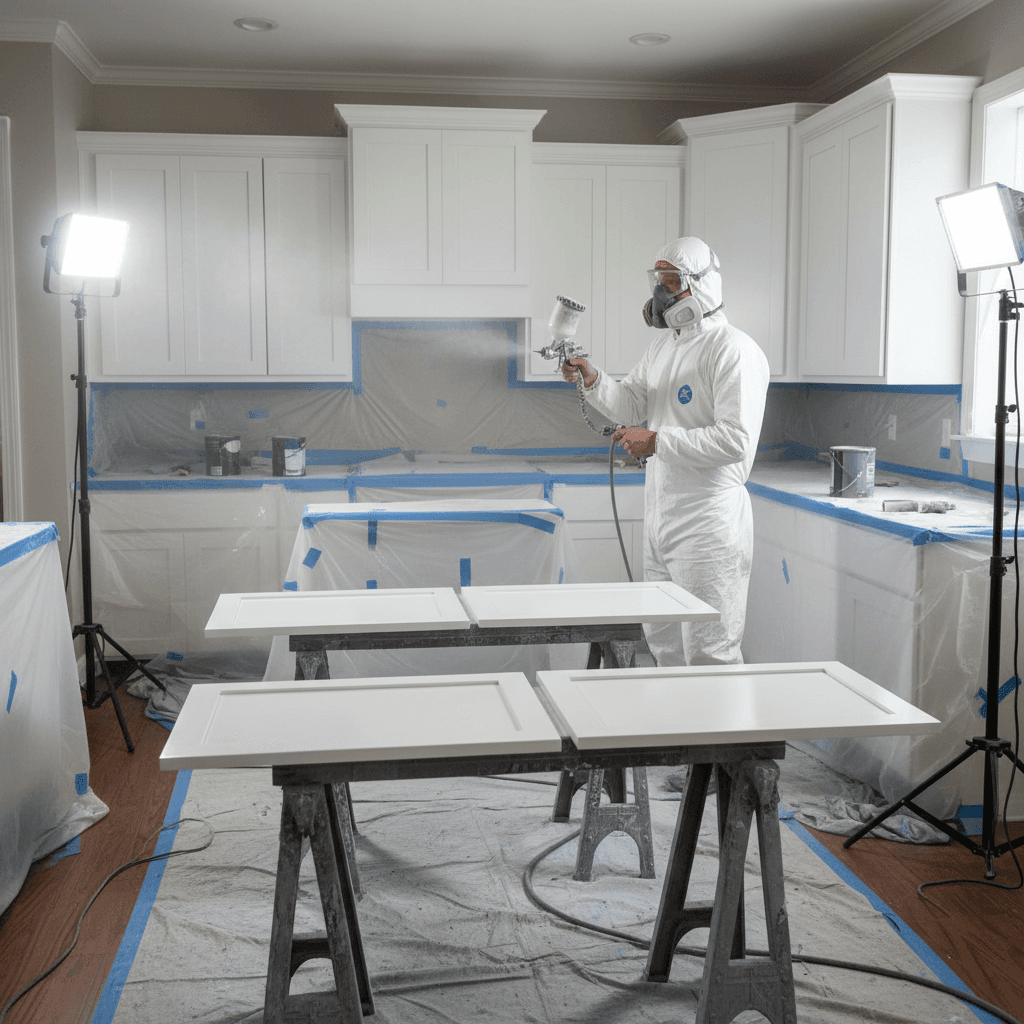 Professional applying a second coat of paint to a kitchen cabinet