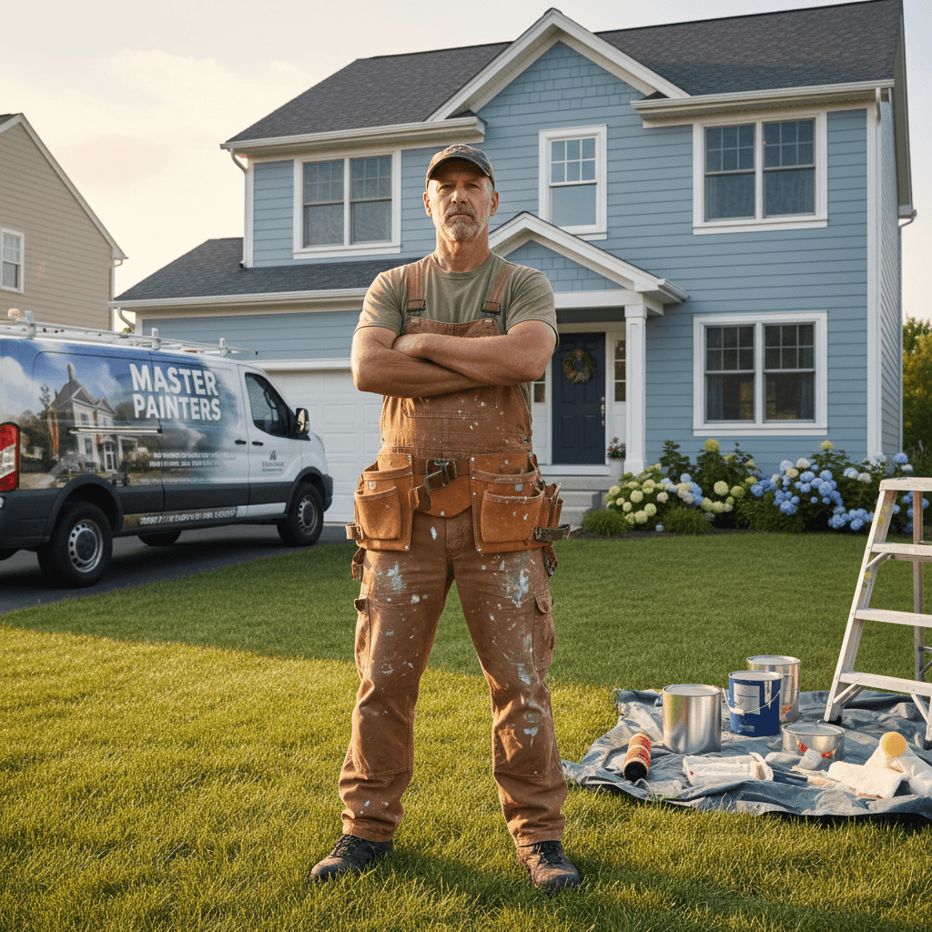 Experienced painter in work clothes standing confidently in front of a suburban home