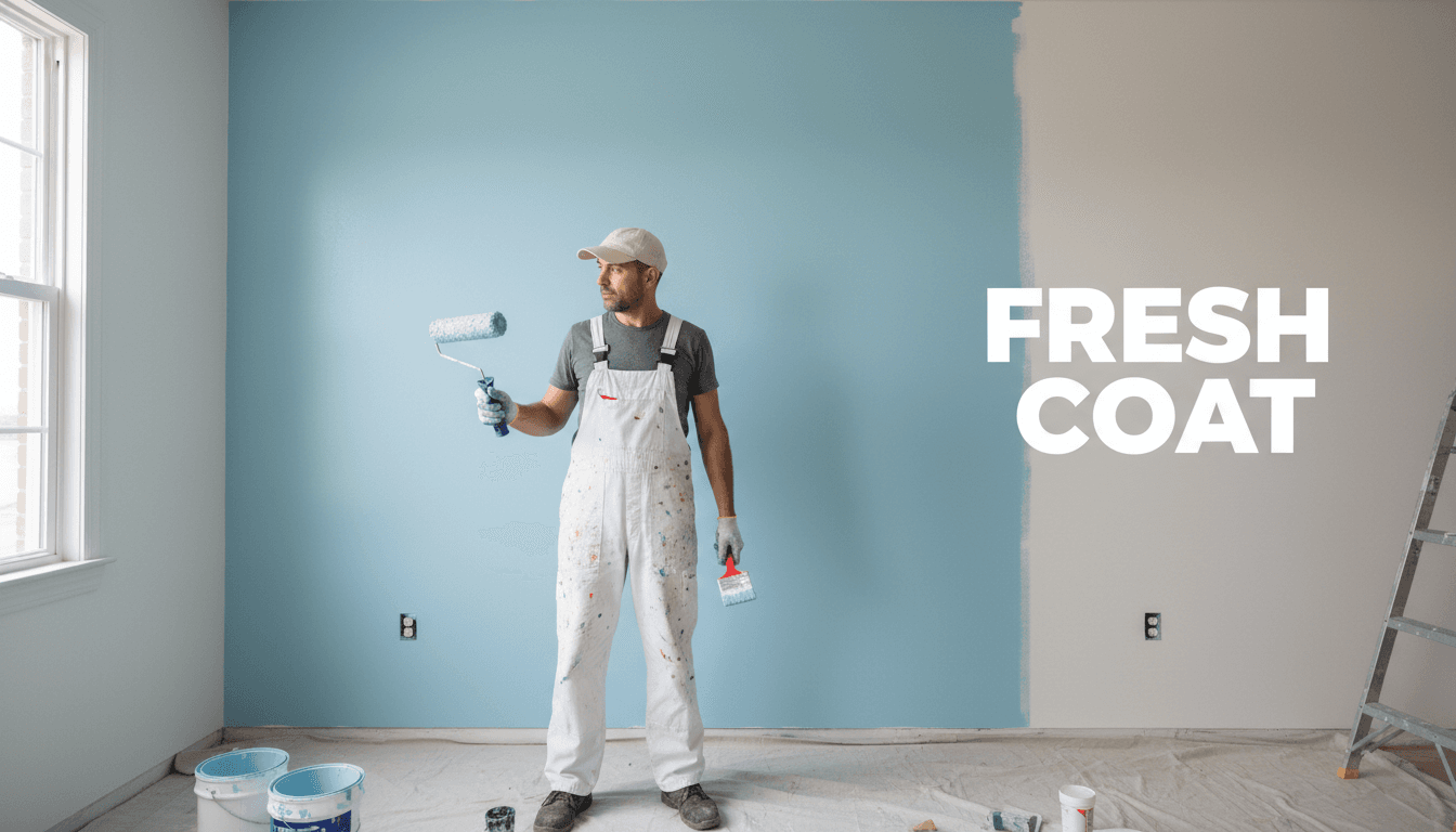 Professional house painter with roller and brush beside a freshly painted interior wall