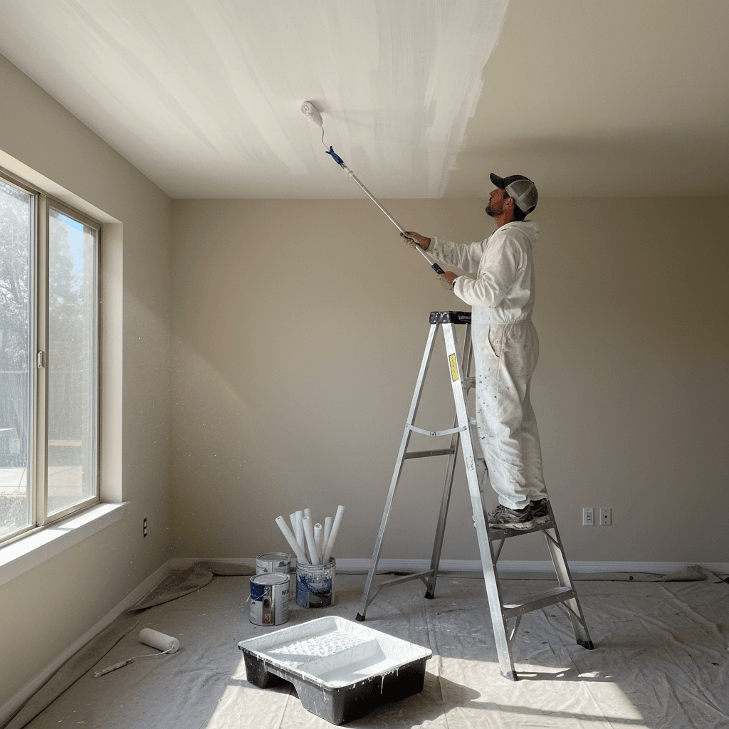 Painter on a ladder applying paint to a white ceiling