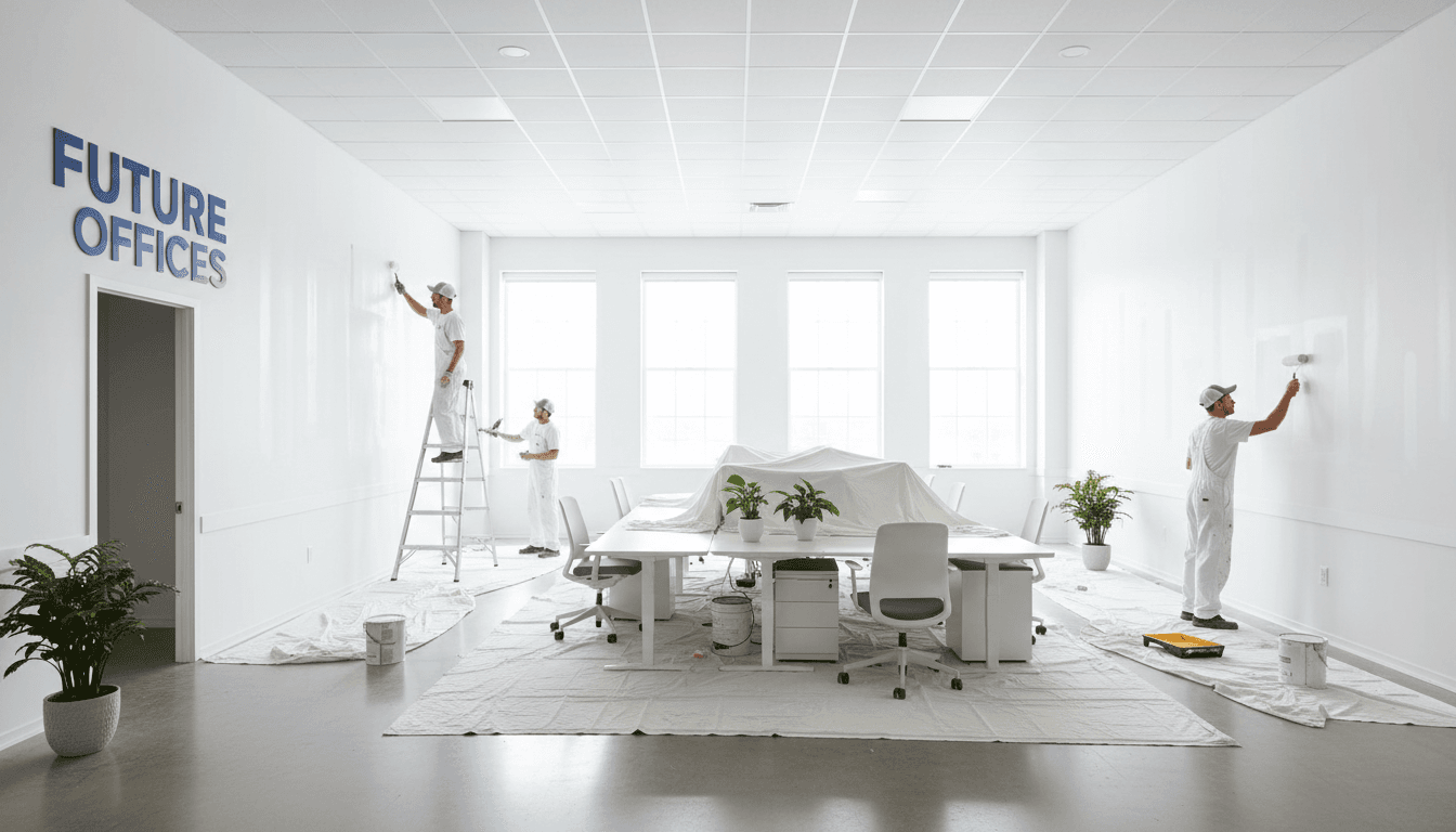 Professional painters in a bright, modern commercial office space with fresh paint on the walls