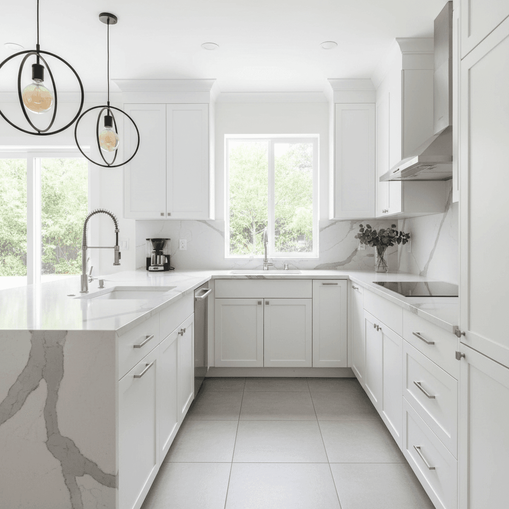 Modern kitchen featuring freshly painted white cabinets with a smooth finish