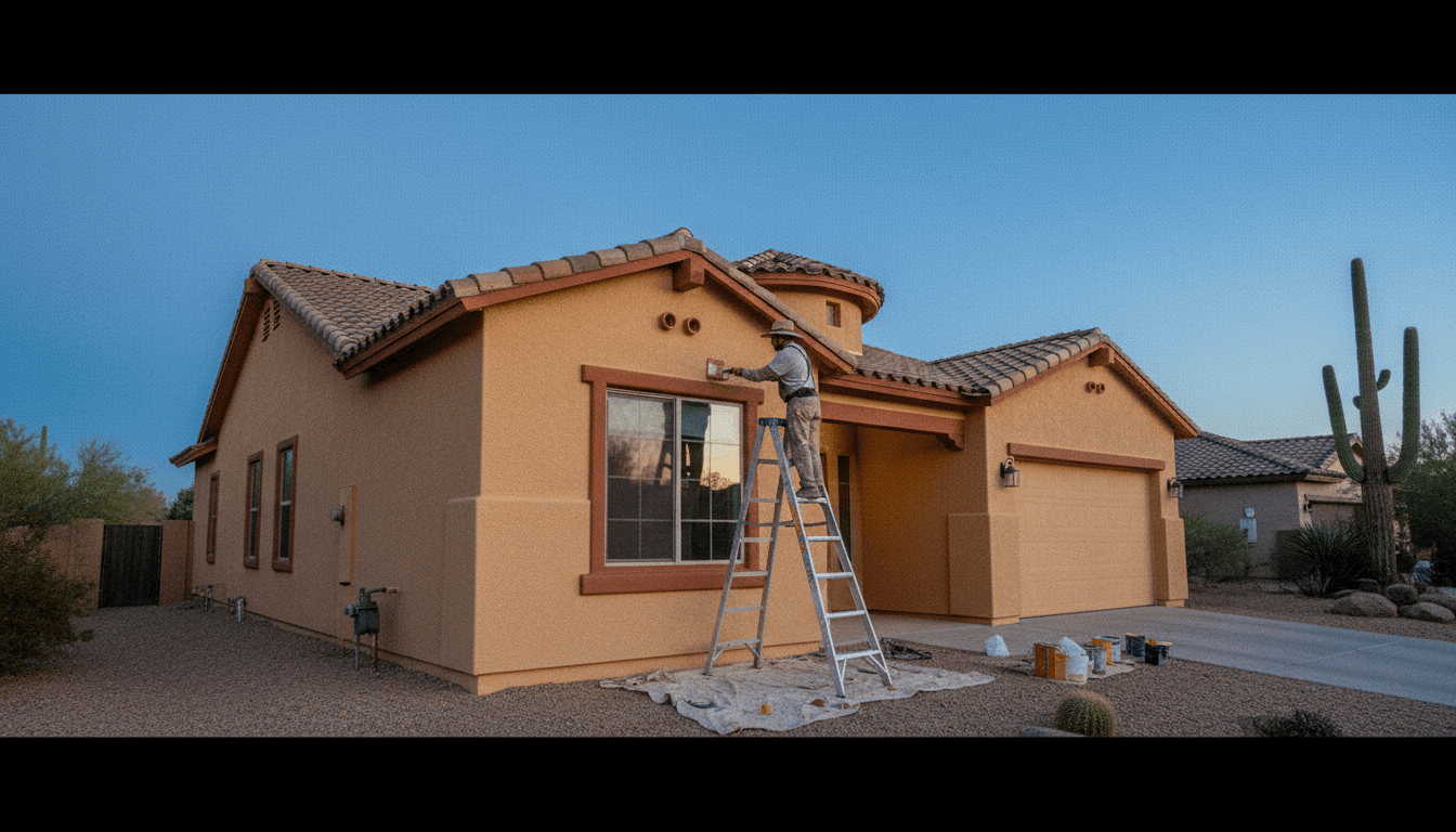 Painter on a ladder applying the final coat of exterior paint to a desert home