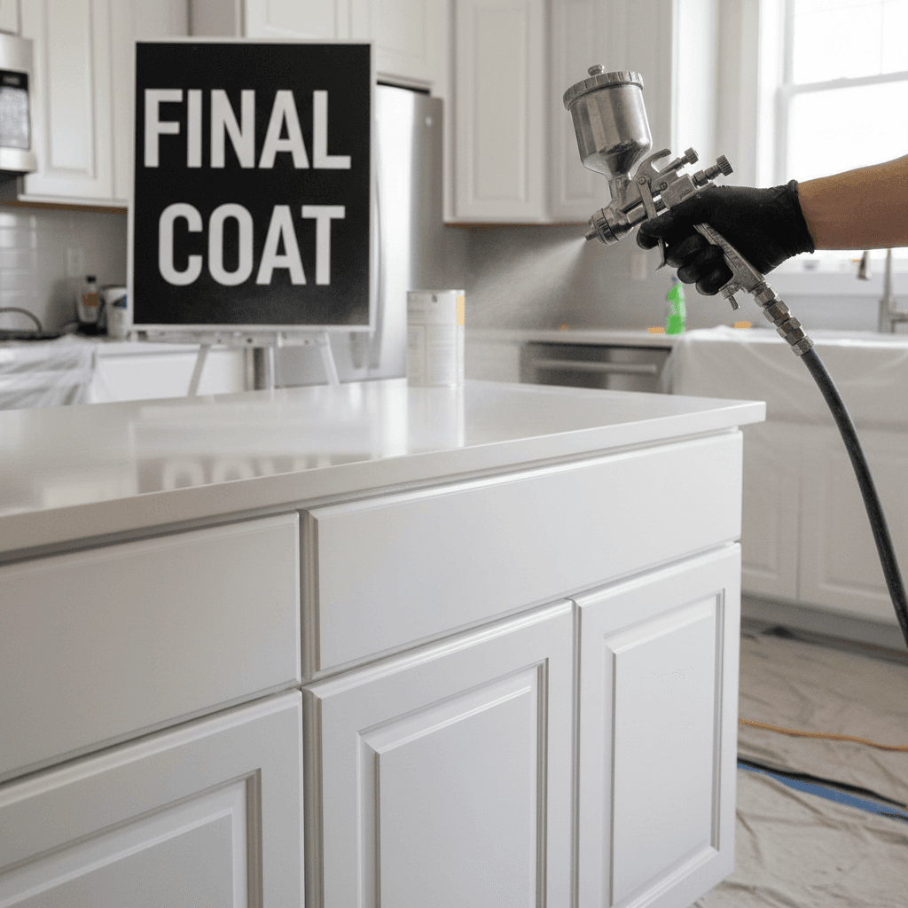 Professional sprayer applying the final coat to cabinet doors