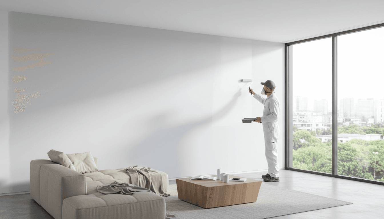 Professional painter rolling paint onto an interior wall in a bright, modern living room