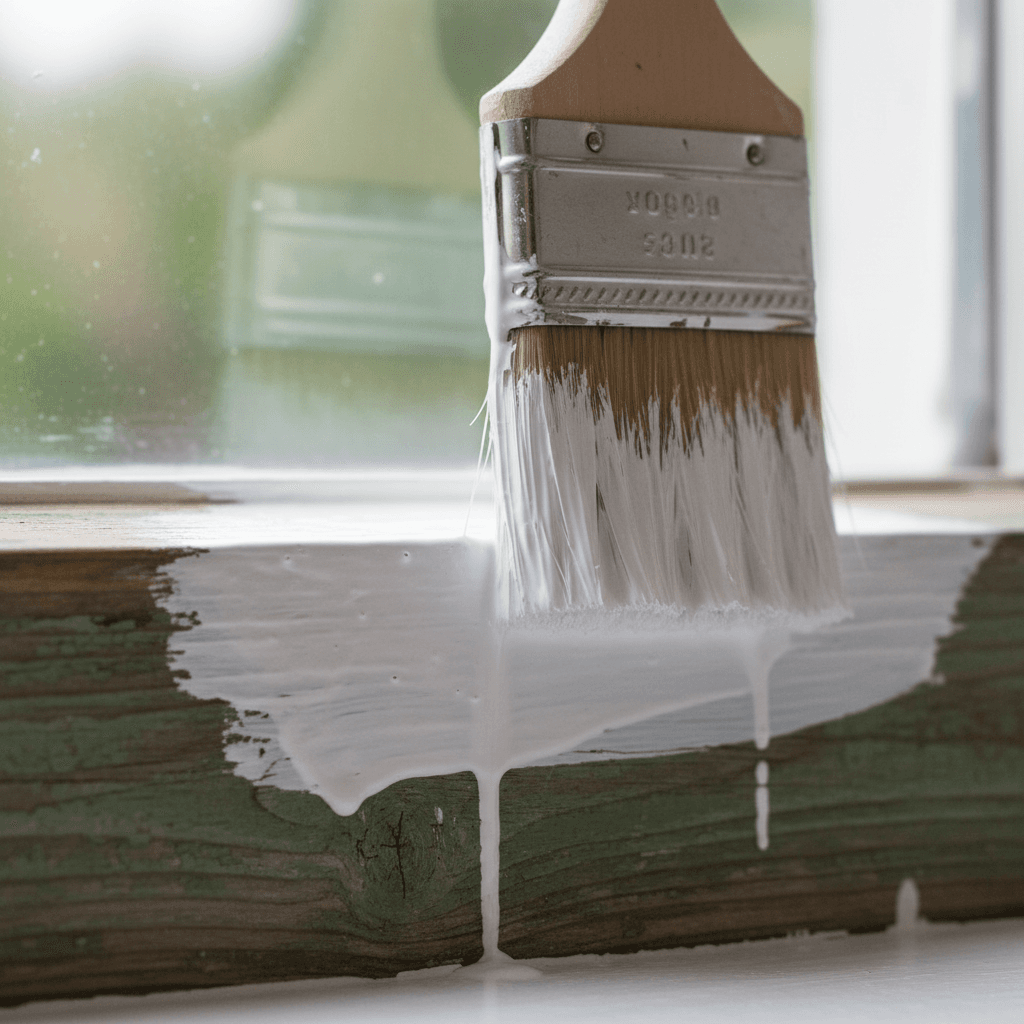 Close up of a paintbrush coating the bare wood of a window frame with fresh white paint