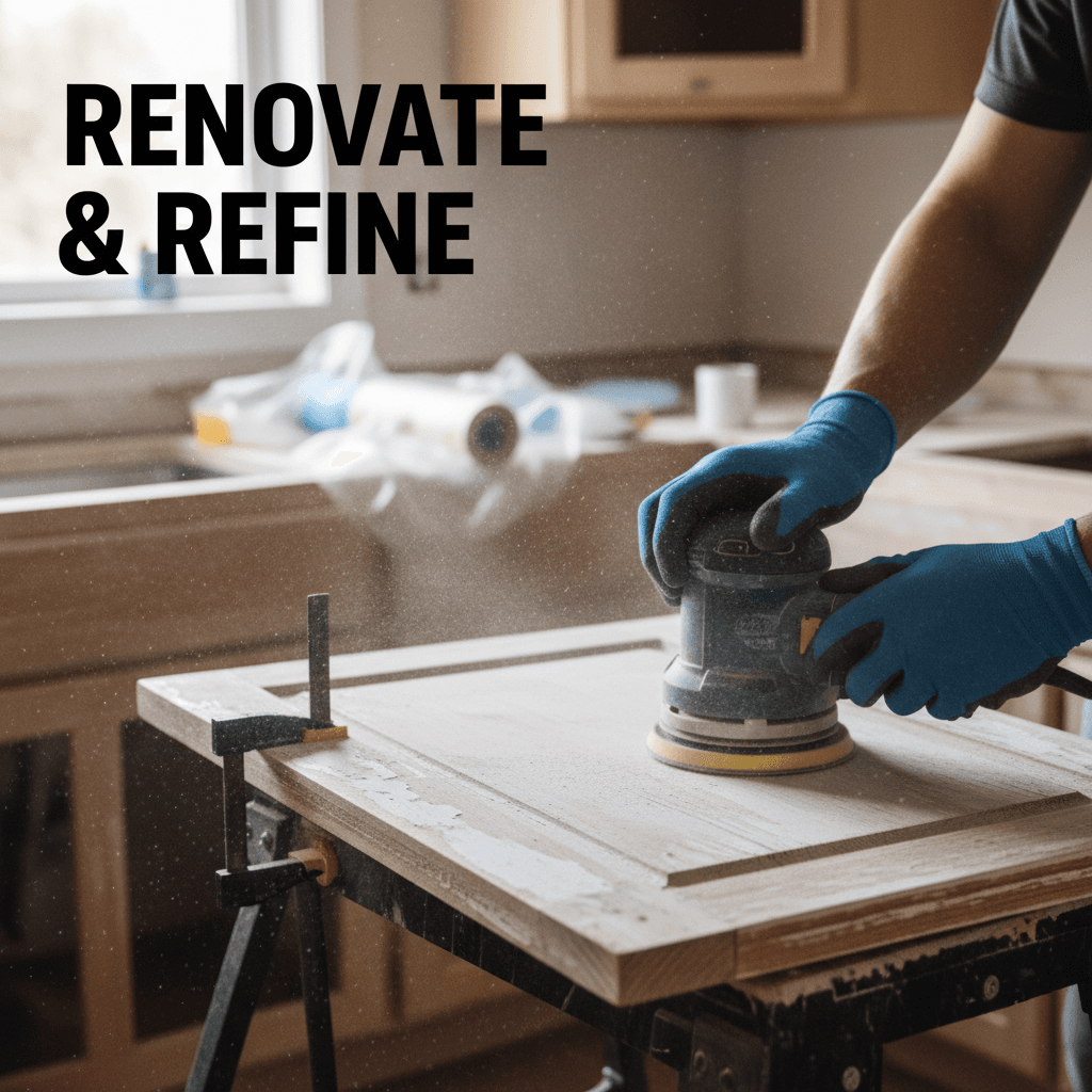 Close-up of a contractor sanding a wooden cabinet door