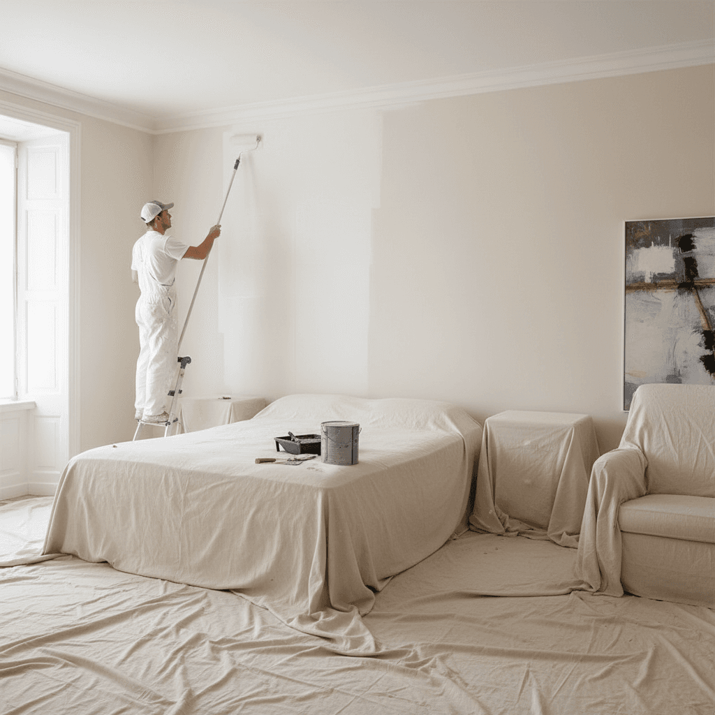 Painter applying a coat in a bedroom with furniture covered