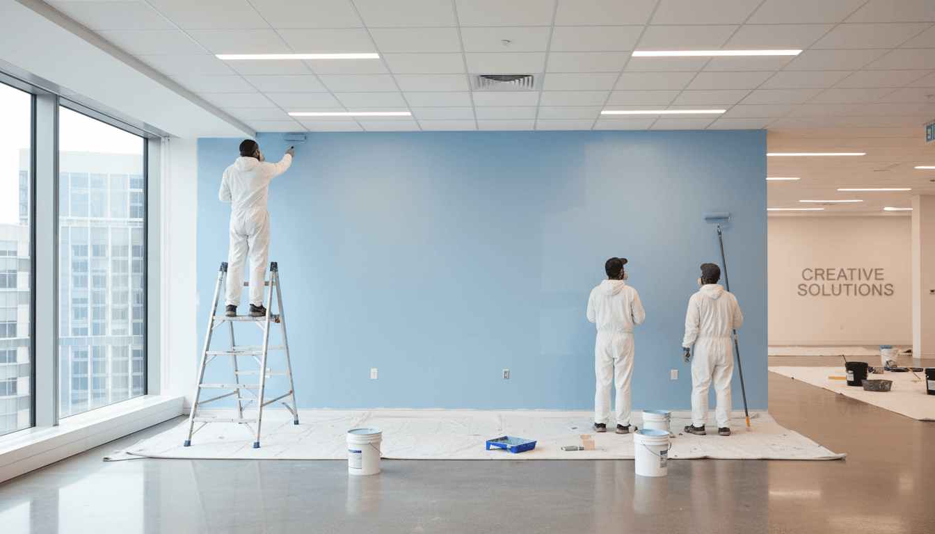 Professional painter applying paint to an office interior wall