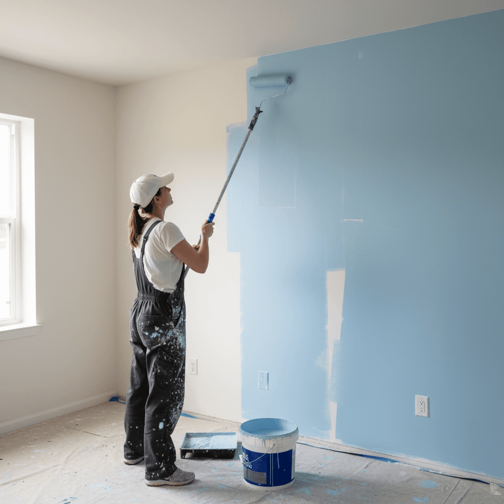 Painter rolling a second coat of paint on an interior wall