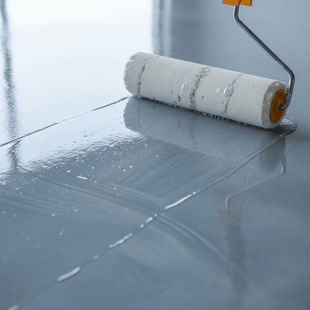 Applying glossy clear topcoat over epoxy floor with roller