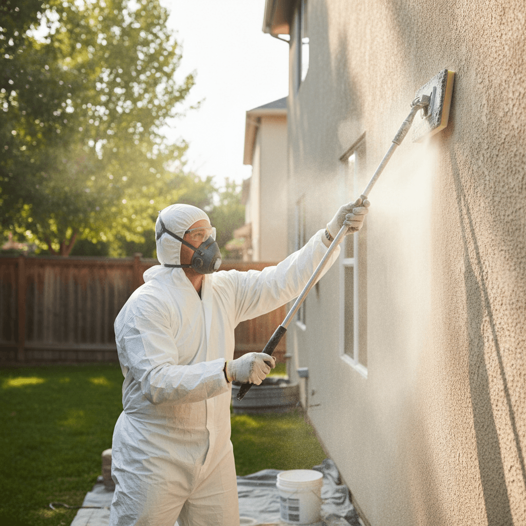 Sanding an exterior wall smooth to prepare for paint