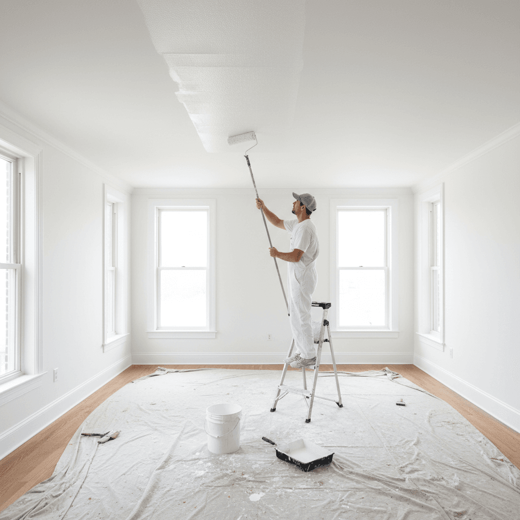 Painter painting a ceiling with a roller on an extension pole