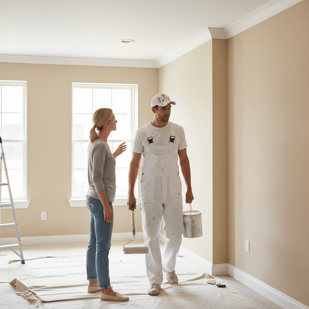 Homeowner walking through a room with a painter inspecting the finish