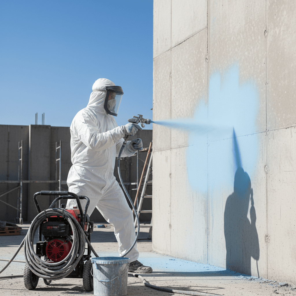 Painter spray painting exterior wall