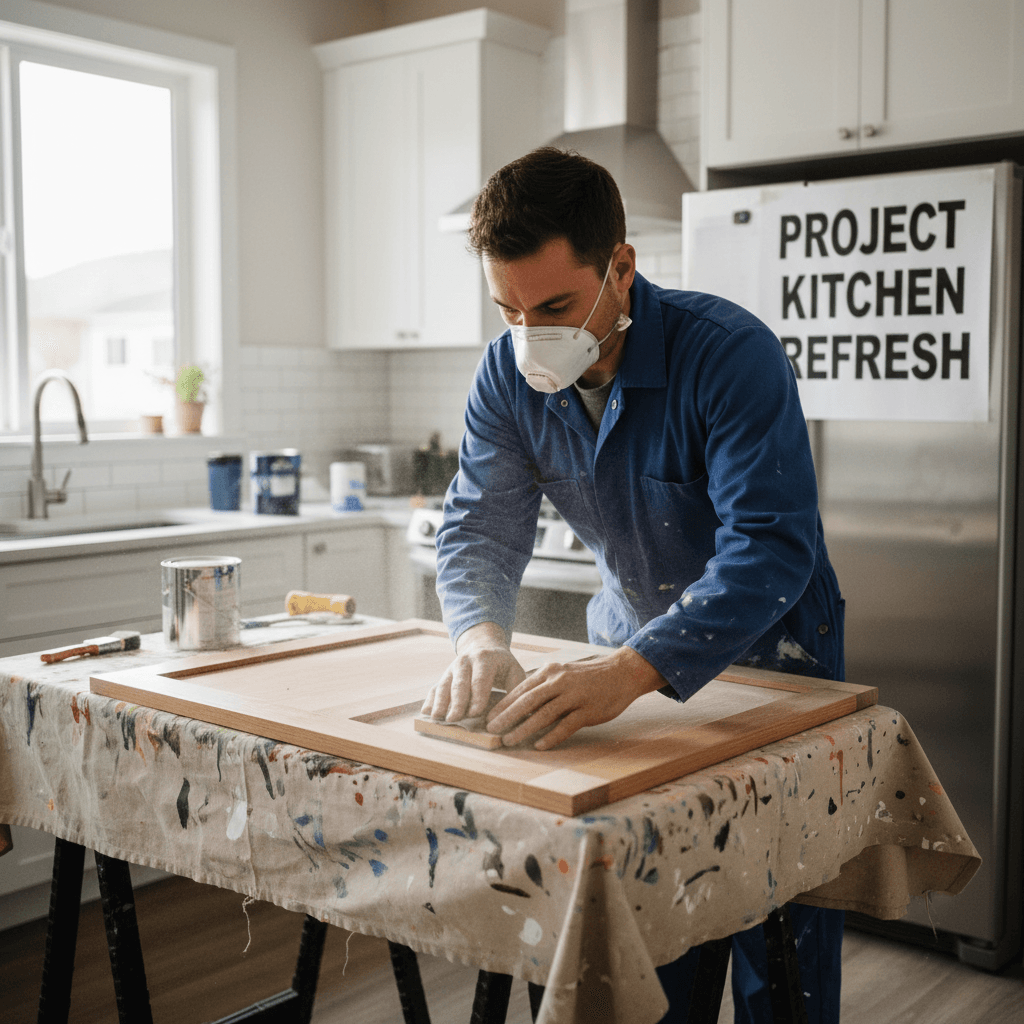 Painter sanding a wooden cabinet door with fine grit sandpaper