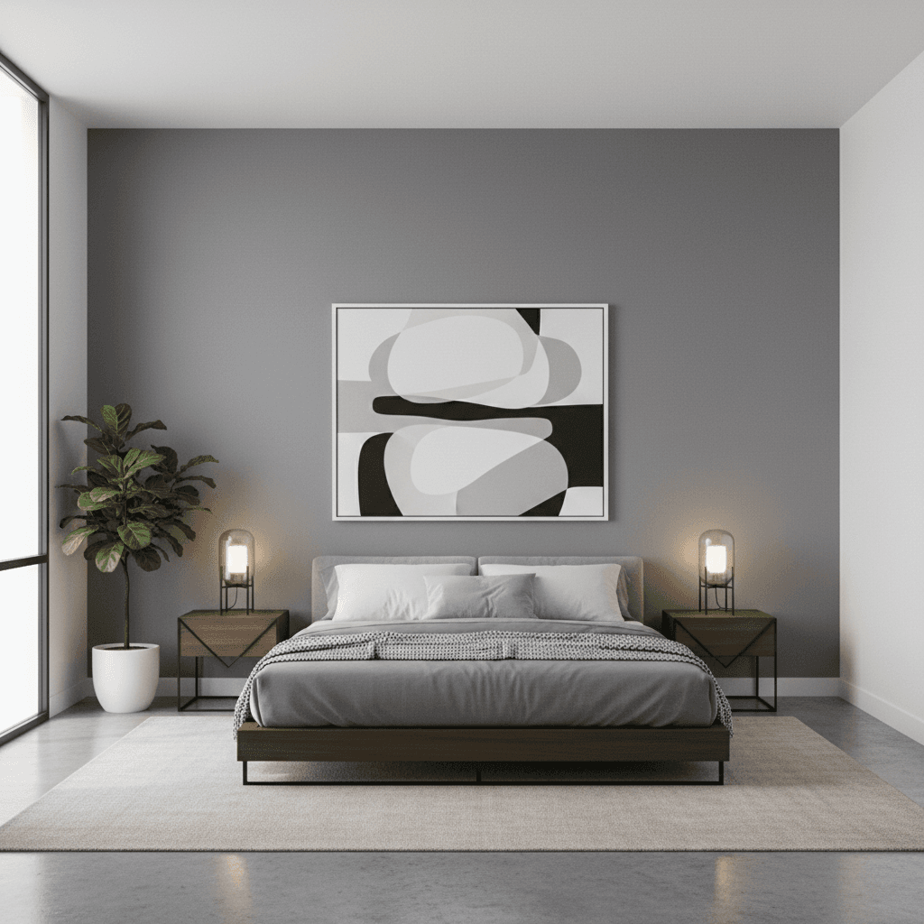 Modern bedroom with a freshly painted gray accent wall