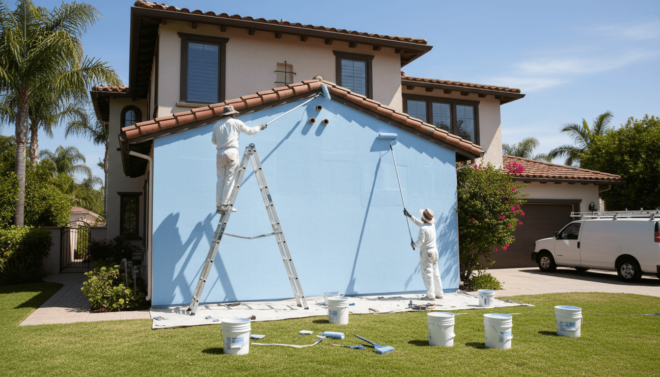 Professional painters applying fresh exterior paint to a Chandler home in bright daylight