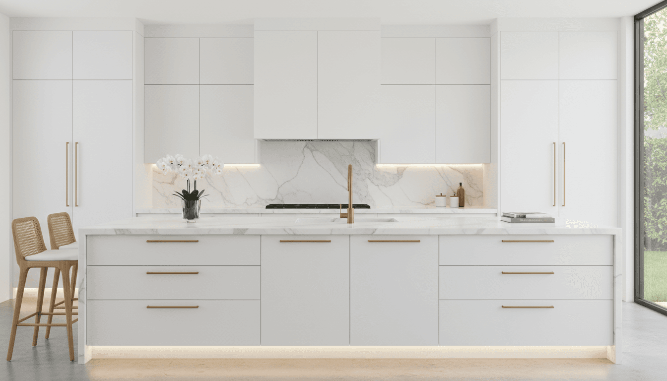 Modern white kitchen cabinets with elegant hardware and a clean countertop