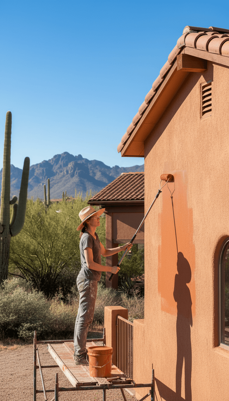 Painter applying exterior paint to an Arizona home