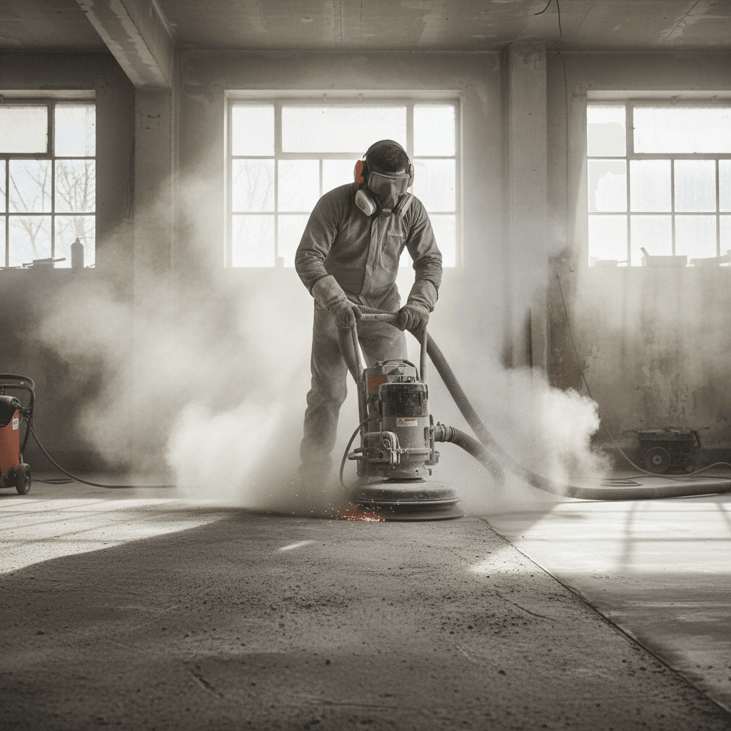 Worker grinding concrete garage floor with diamond grinder machine