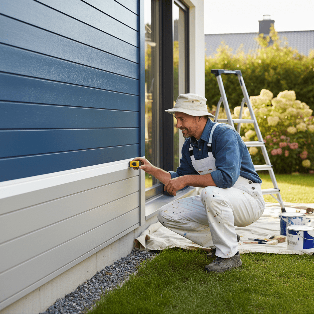 Inspecting a clean paint line on finished exterior wall