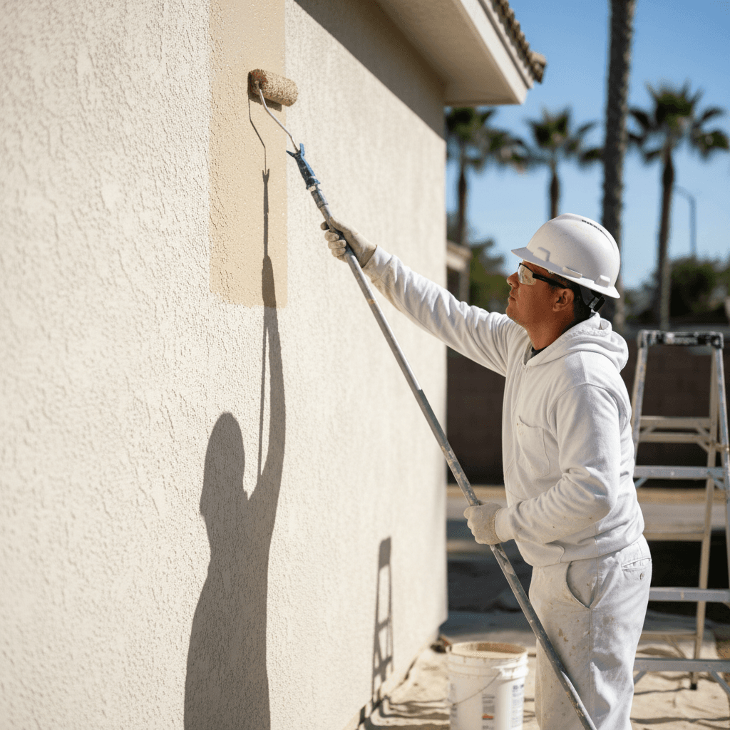 Painter applying paint to a stucco wall on a sunny day