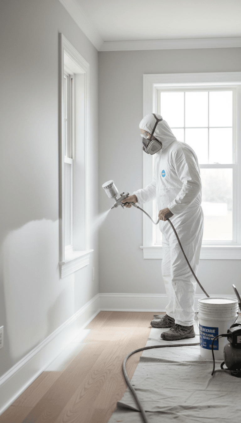 Professional spray painter applying finish to trim