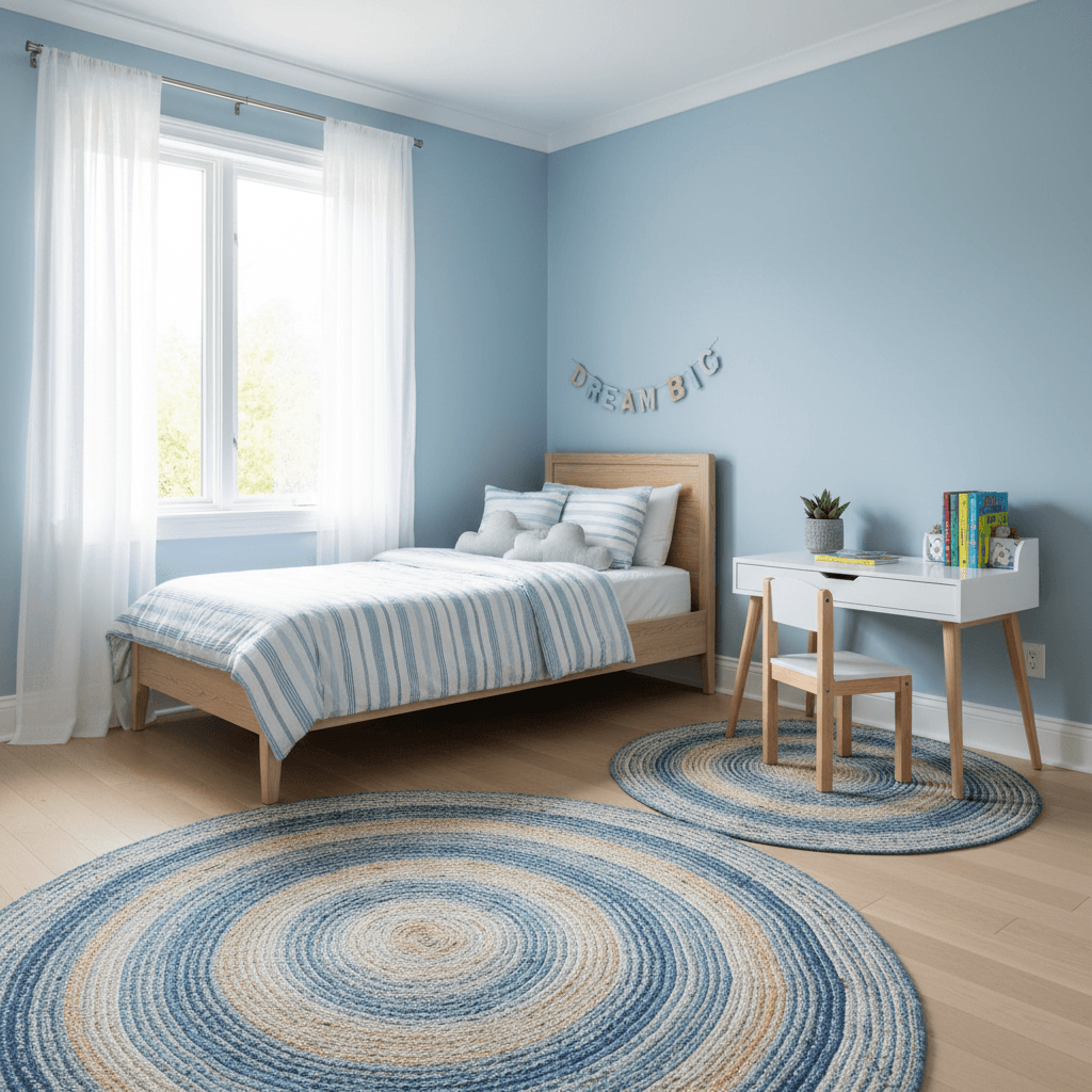 Kids' bedroom with fresh soft blue walls and bright white trim