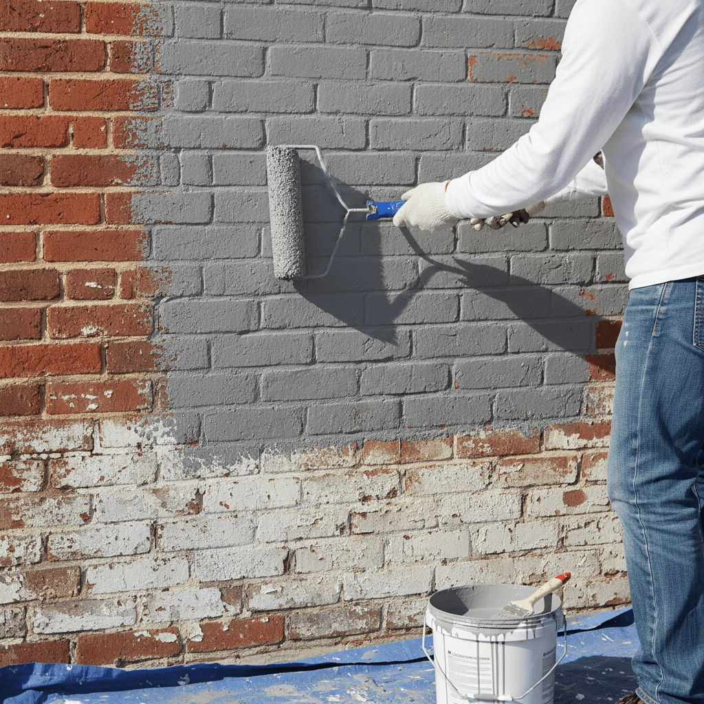 Painter using roller to apply exterior paint on brick surface